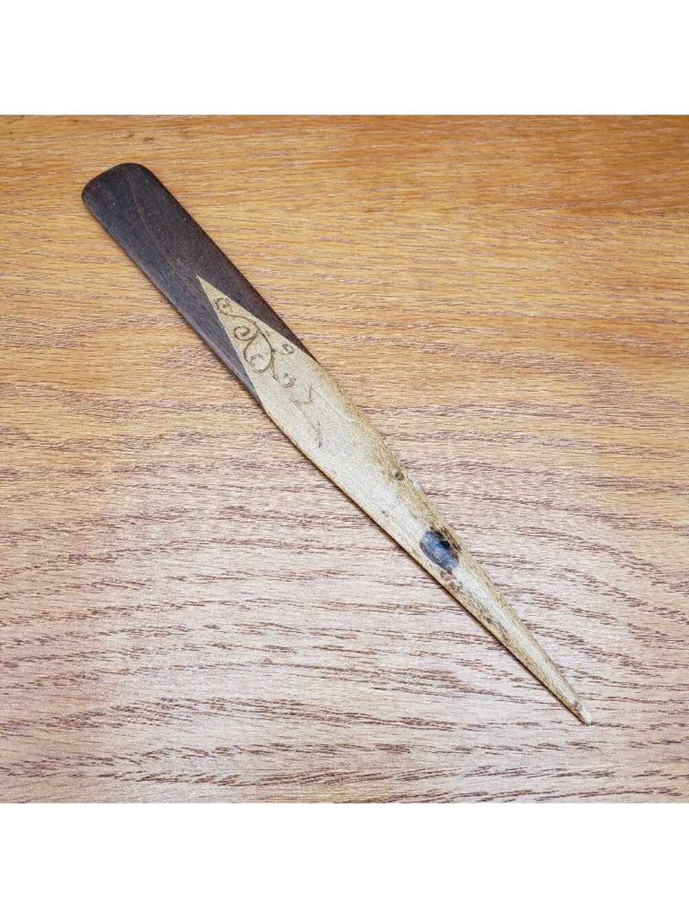 Hand Carved Wood Letter Opener Inlaid Panel Initial M 9" Rustic